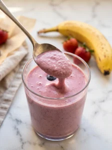 Close-up of thick pink-purple berry yogurt smoothie on a vintage silver spoon, blended smooth with no seeds visible