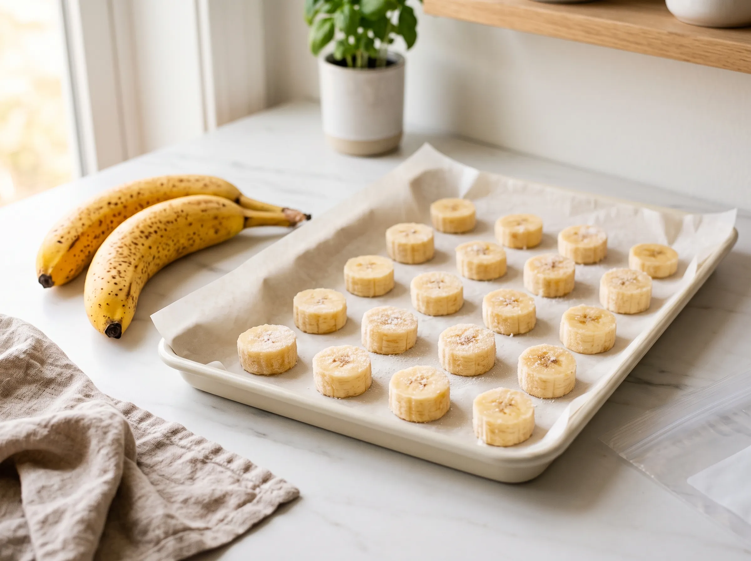 Frozen banana slices on a parchment-lined baking sheet beside ripe golden bananas, showing you can freeze bananas
