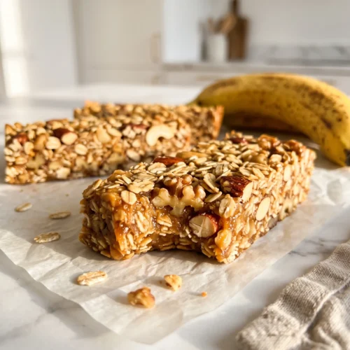 Close-up of a chewy banana nut bar with a bite taken out, showing whole oats and chopped walnuts held by roasted banana