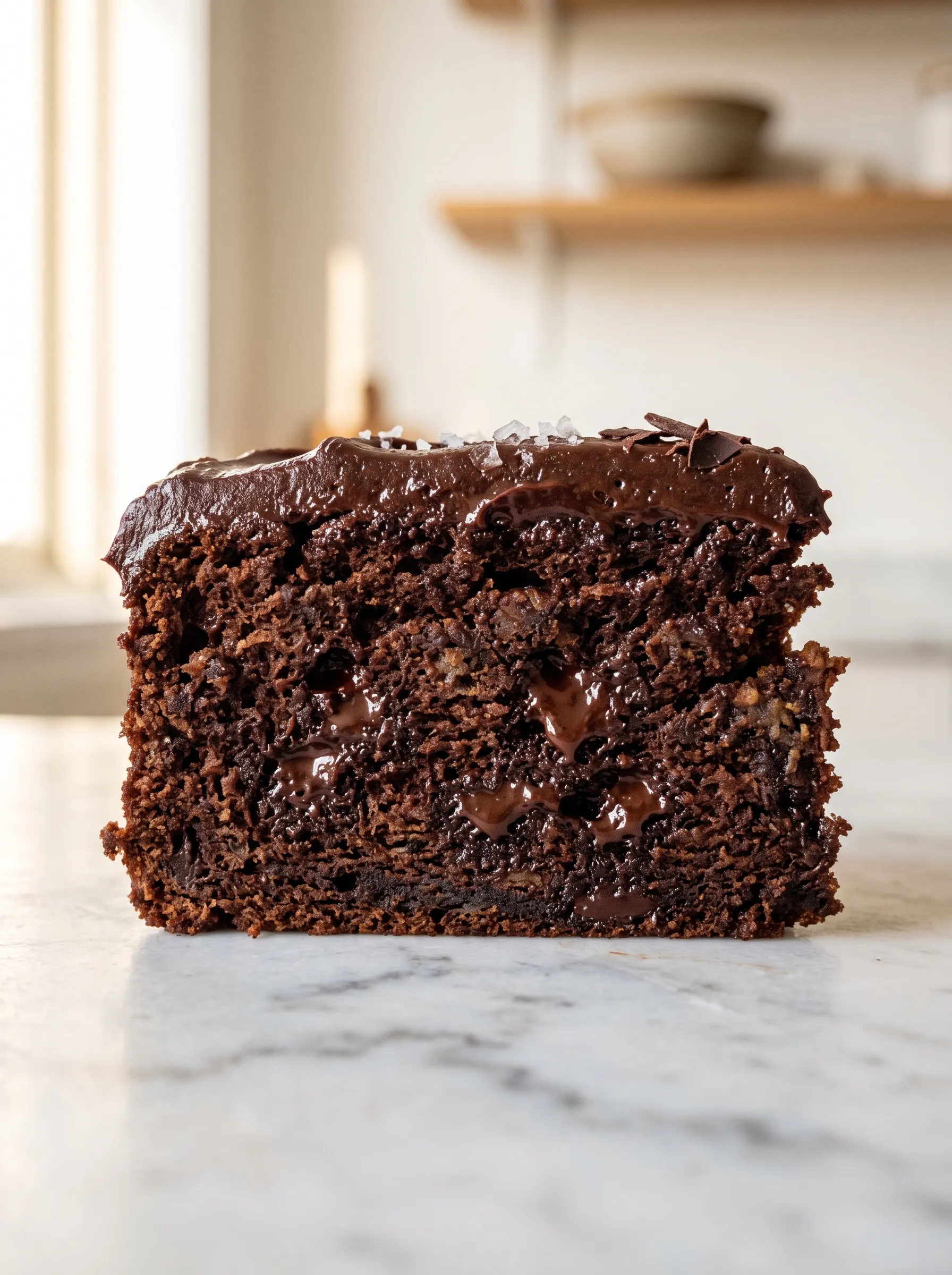 Extreme close-up of chocolate banana fudge cake crumb showing dense moist interior and melted chocolate chip pockets