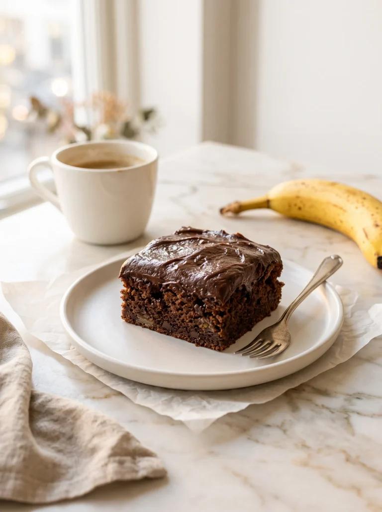 Single chocolate banana fudge cake square on a white ceramic plate, dense fudgy texture visible on the side, warm kitchen atmosphere
