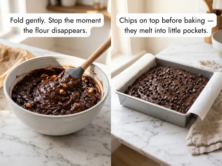 Dark glossy chocolate banana batter folded in a white bowl beside the raw batter poured into a parchment-lined pan with chocolate chips on top