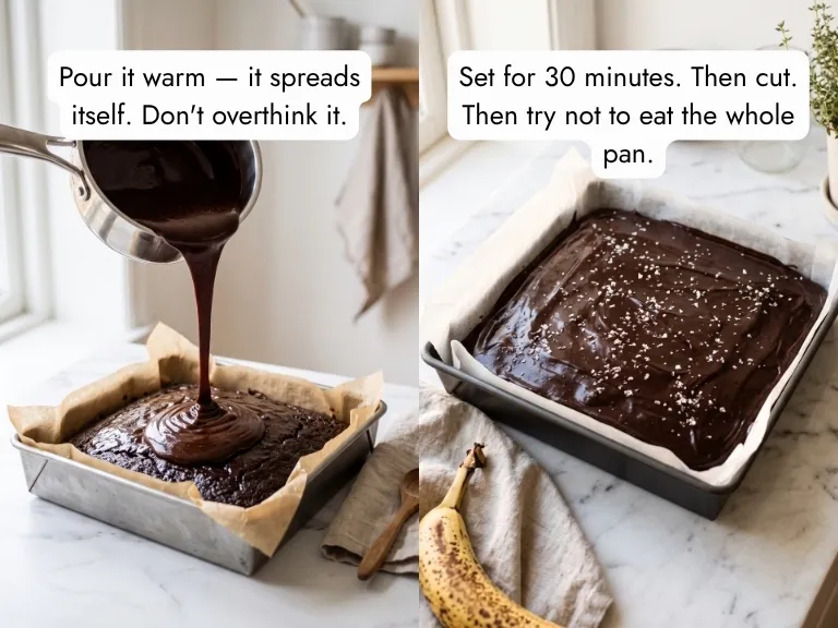 Warm chocolate fudge frosting poured over a freshly baked chocolate banana cake, beside the finished frosted cake in pan with fleur de sel