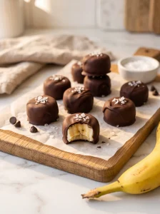 Chocolate covered banana bites with a dark chocolate shell and flaky sea salt on parchment, one bitten, beside a ripe banana