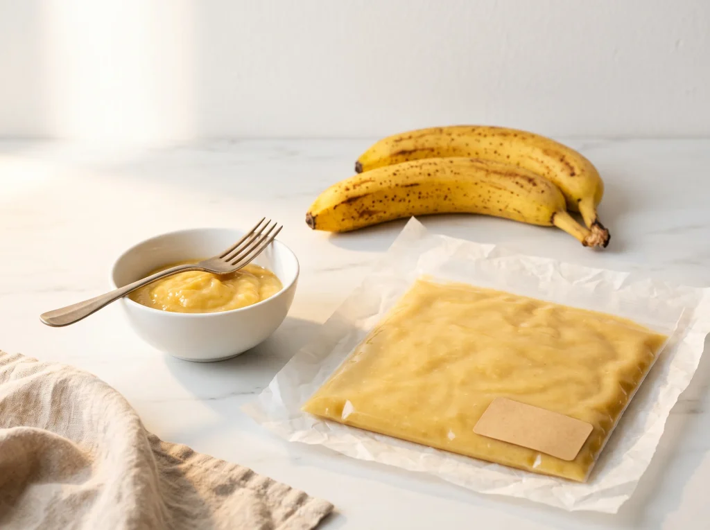 Flat freezer bag of golden mashed banana beside a bowl of mash and ripe bananas, freezing mashed bananas for banana bread