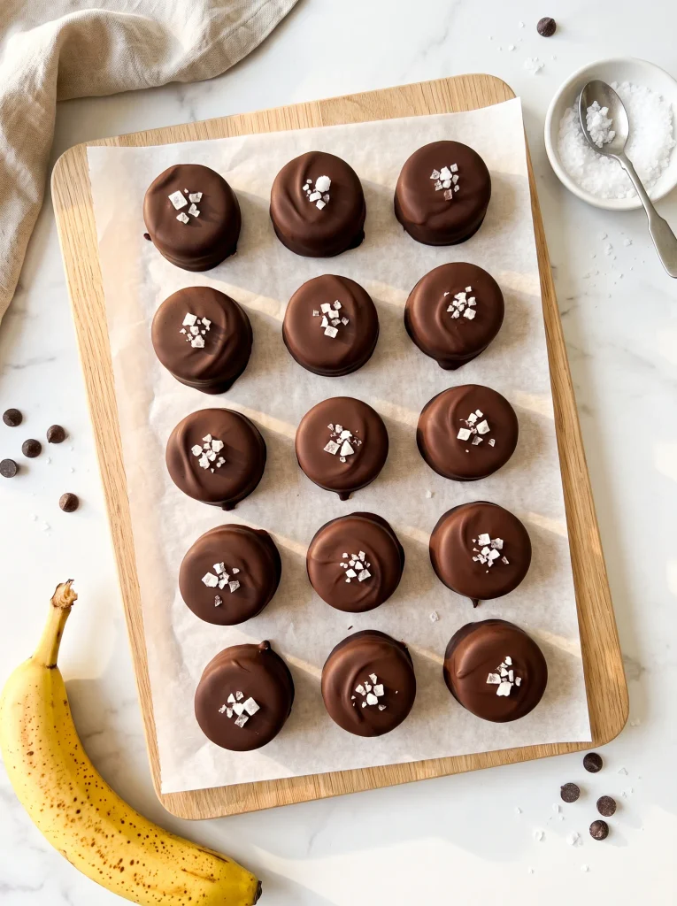 Overhead view of 15 frozen banana bites coated in dark chocolate and sea salt, in rows on parchment beside a ripe banana