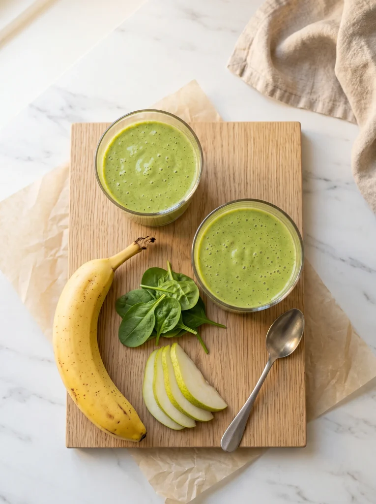 Overhead view of two green banana smoothies with sliced pear, baby spinach and a ripe banana on a light oak board