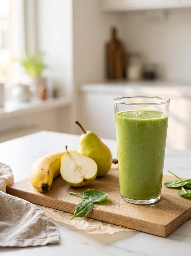 Tall glass of bright green banana smoothie made with ripe banana, pear and baby spinach on white marble