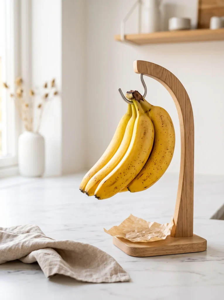 Bunch of golden yellow bananas hanging from a light wooden banana hanger on a marble counter, hanging bananas