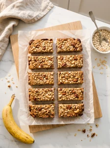 Overhead view of 10 healthy banana bars cut into even rectangles on crumpled parchment, with rolled oats and a ripe banana