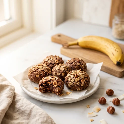 Healthy banana bites with cocoa and toasted hazelnuts on a white plate, one broken open, with a ripe banana on an oak board behind