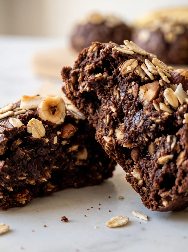 Healthy banana bites broken open to show a soft, fudgy cocoa inside with rolled oats, toasted hazelnuts and coconut flakes