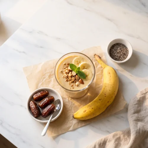 Overhead flat lay of a healthy banana smoothie with Medjool dates, chia seeds, and banana