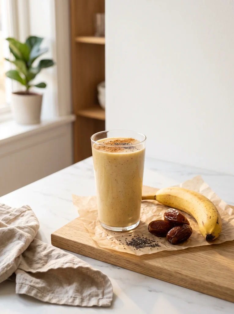 Healthy banana smoothie topped with cinnamon in a tall glass next to a ripe banana