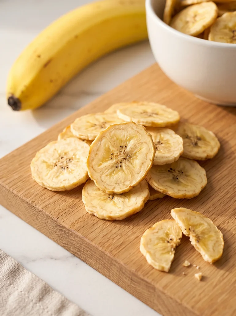 Homemade banana chips, pale golden and crisp, piled on a light oak board with one snapped in half, next to a ripe banana