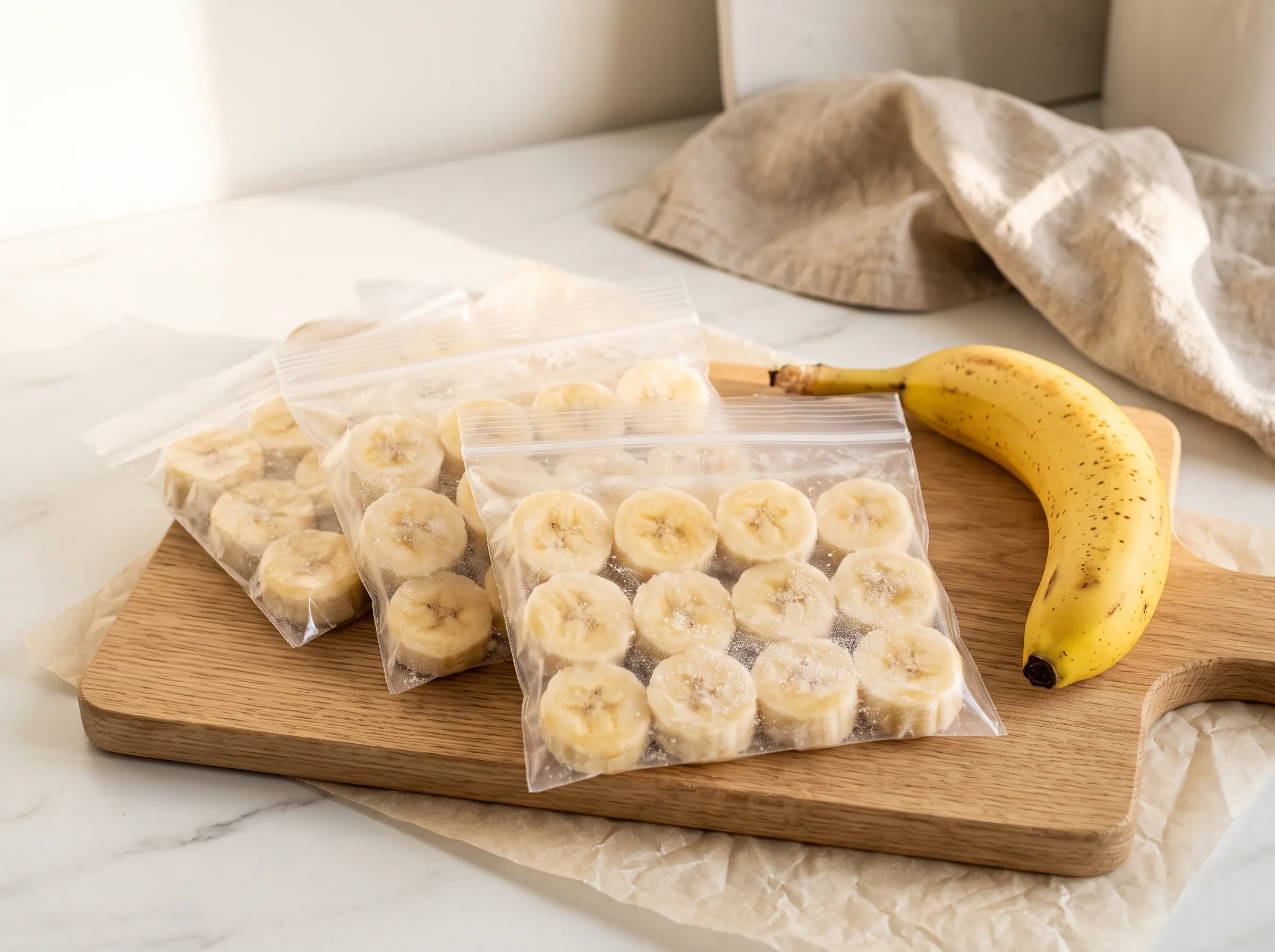Single-portion freezer bags of frozen banana slices next to a ripe banana, how to freeze bananas for smoothies
