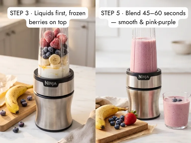 How to make a banana berry smoothie: frozen berries layered in a blender, then blended smooth and pink-purple