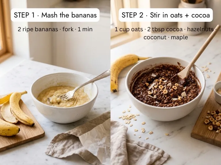 How to make banana bites in 2 steps: ripe bananas mashed with a fork in a white bowl, then stirred with oats, cocoa and hazelnuts