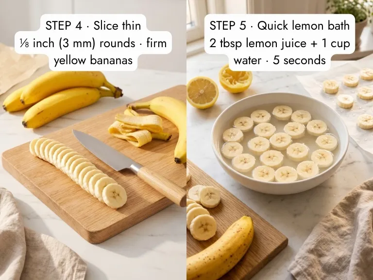 How to make banana chips step by step: a firm banana sliced into ⅛-inch (3 mm) rounds, then the slices soaking in lemon water in a white bowl