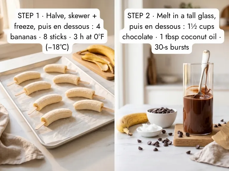 How to make banana popsicles step by step: banana halves on wooden sticks frozen on a tray, then chocolate melted in a tall glass