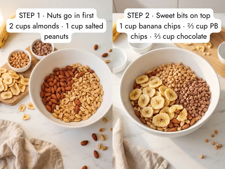 How to make banana trail mix step by step: almonds and salted peanuts in a white bowl, then banana chips, peanut butter chips and chocolate chips on top