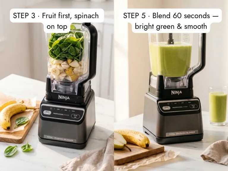 How to make a green banana smoothie: banana, pear and spinach layered in a blender, then blended bright green and smooth
