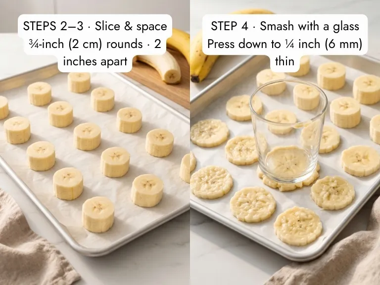 How to make peanut butter banana bites step by step: ripe banana rounds spaced on parchment, then smashed into thin discs with a glass