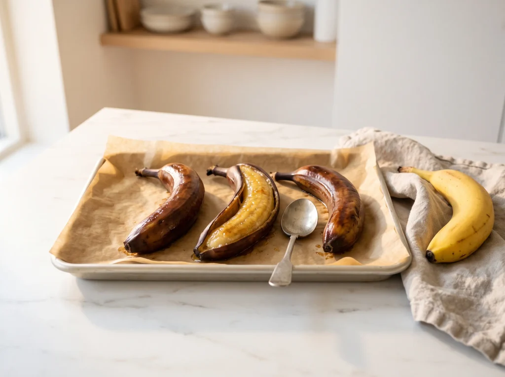 Roasted bananas with glossy brown peels on a parchment-lined sheet, one opened to show soft flesh, how to ripen bananas in the oven