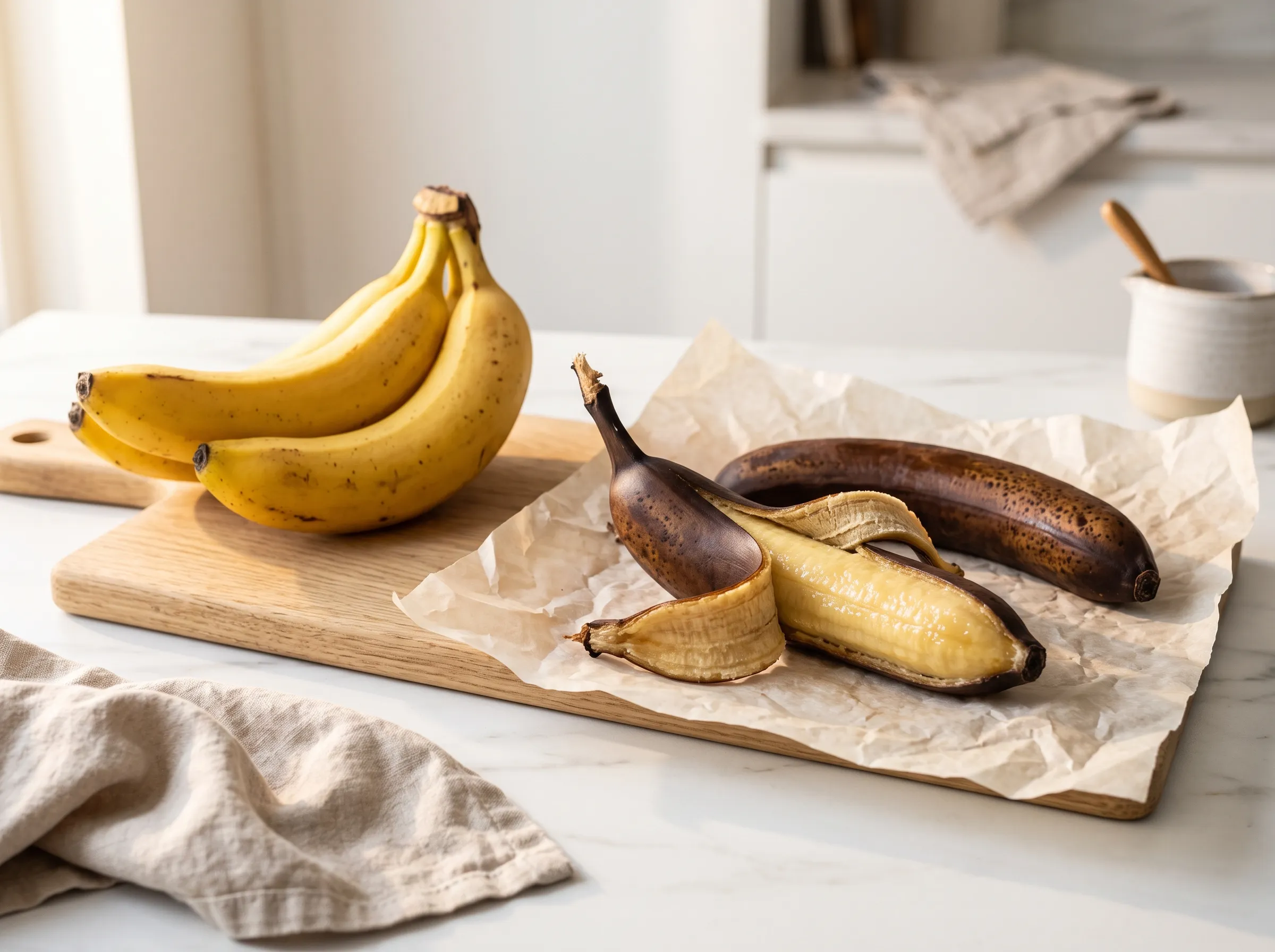 Golden ripe bananas beside glossy oven-ripened bananas on an oak board, one opened to show soft flesh, how to ripen bananas quickly