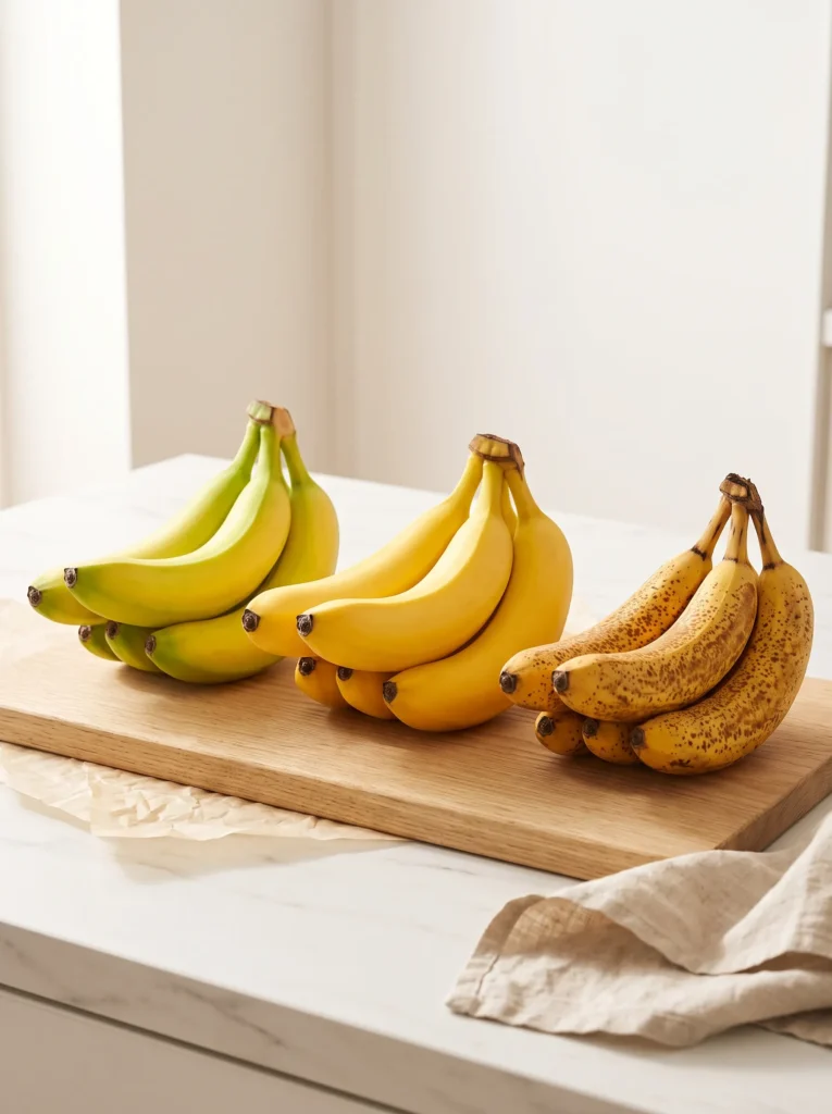 Green, golden yellow and freckled bananas on an oak board on a marble counter, how to store bananas at every stage