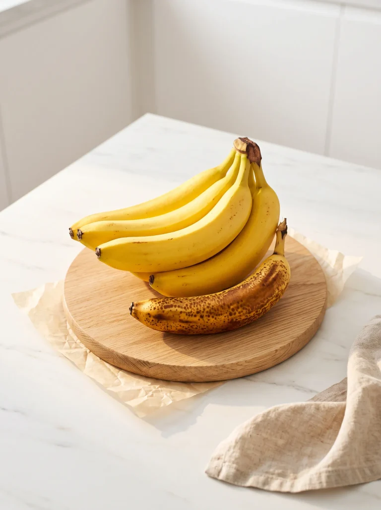 Bunch of golden yellow bananas and one ripe freckled banana on an oak board, how to store bananas so they last longer