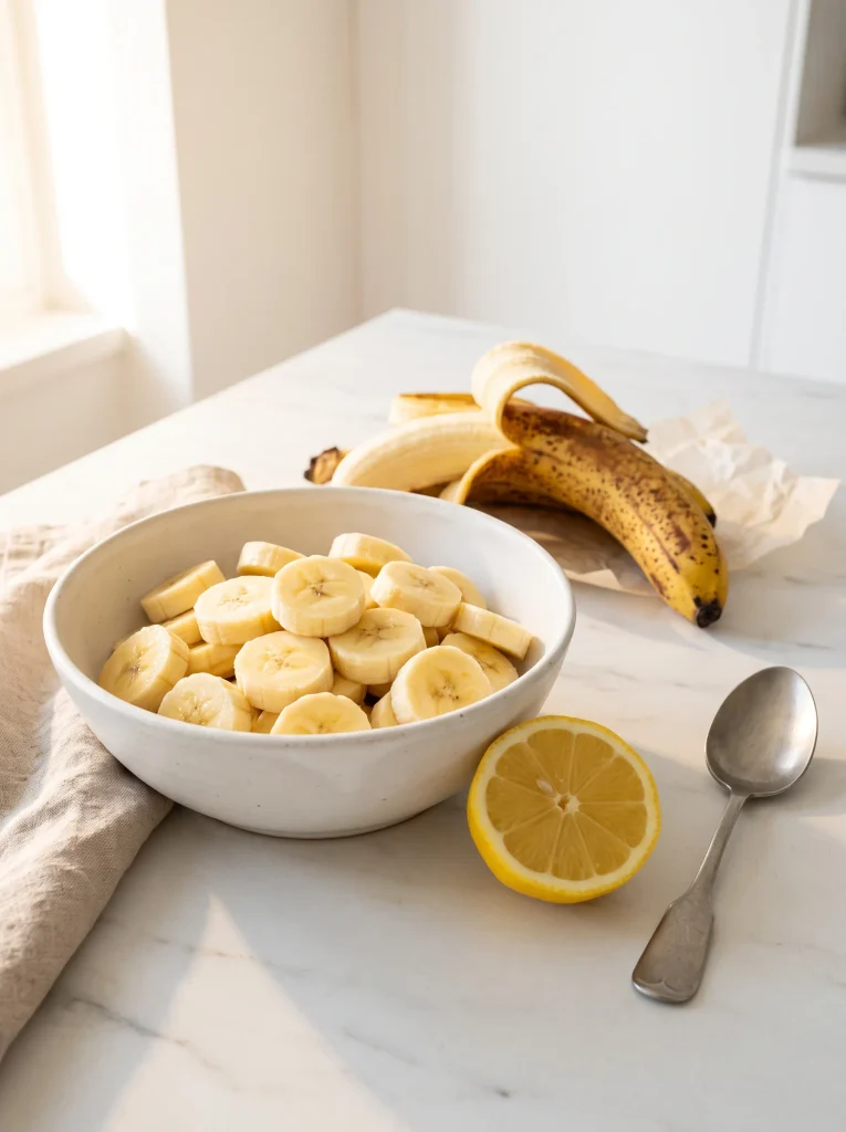 Golden banana slices in a white ceramic bowl beside half a lemon on marble, keep cut bananas from browning with lemon juice
