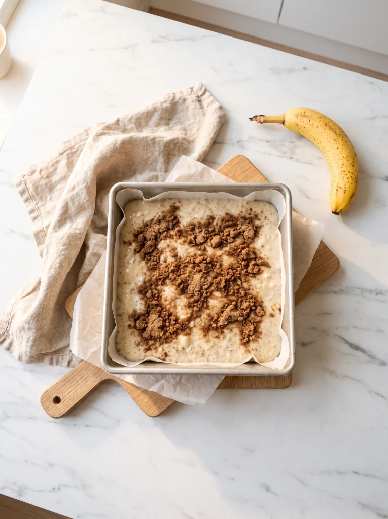 Layering cinnamon swirl into banana coffee cake batter before baking