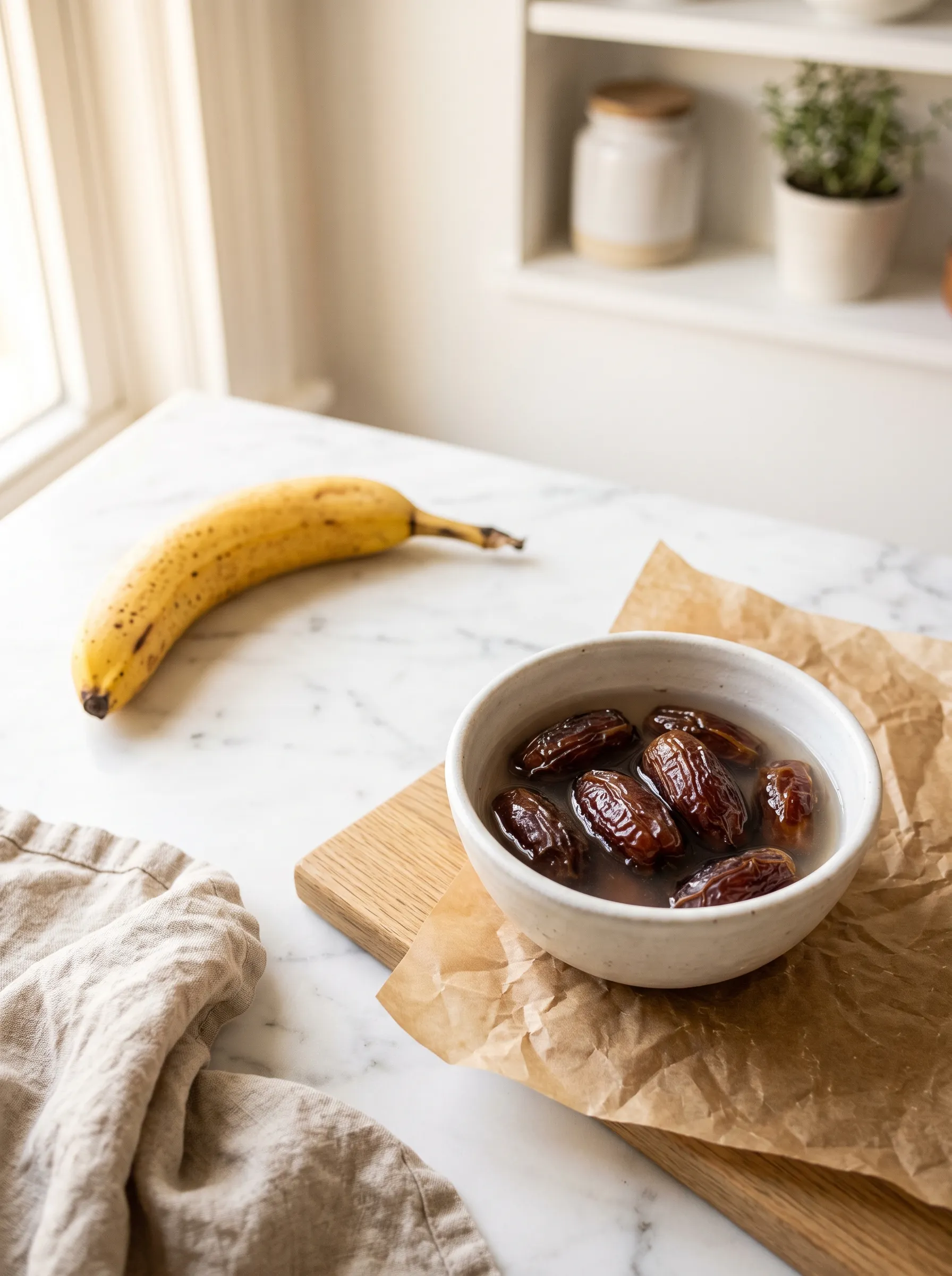 Medjool dates soaking in warm water for a healthy banana smoothie