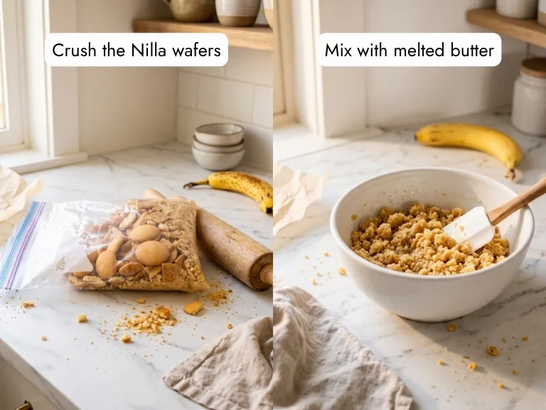 Step-by-step photos showing how to make the Nilla wafer crust for no-bake banana pudding cheesecake: crush cookies in a bag then mix with melted butter