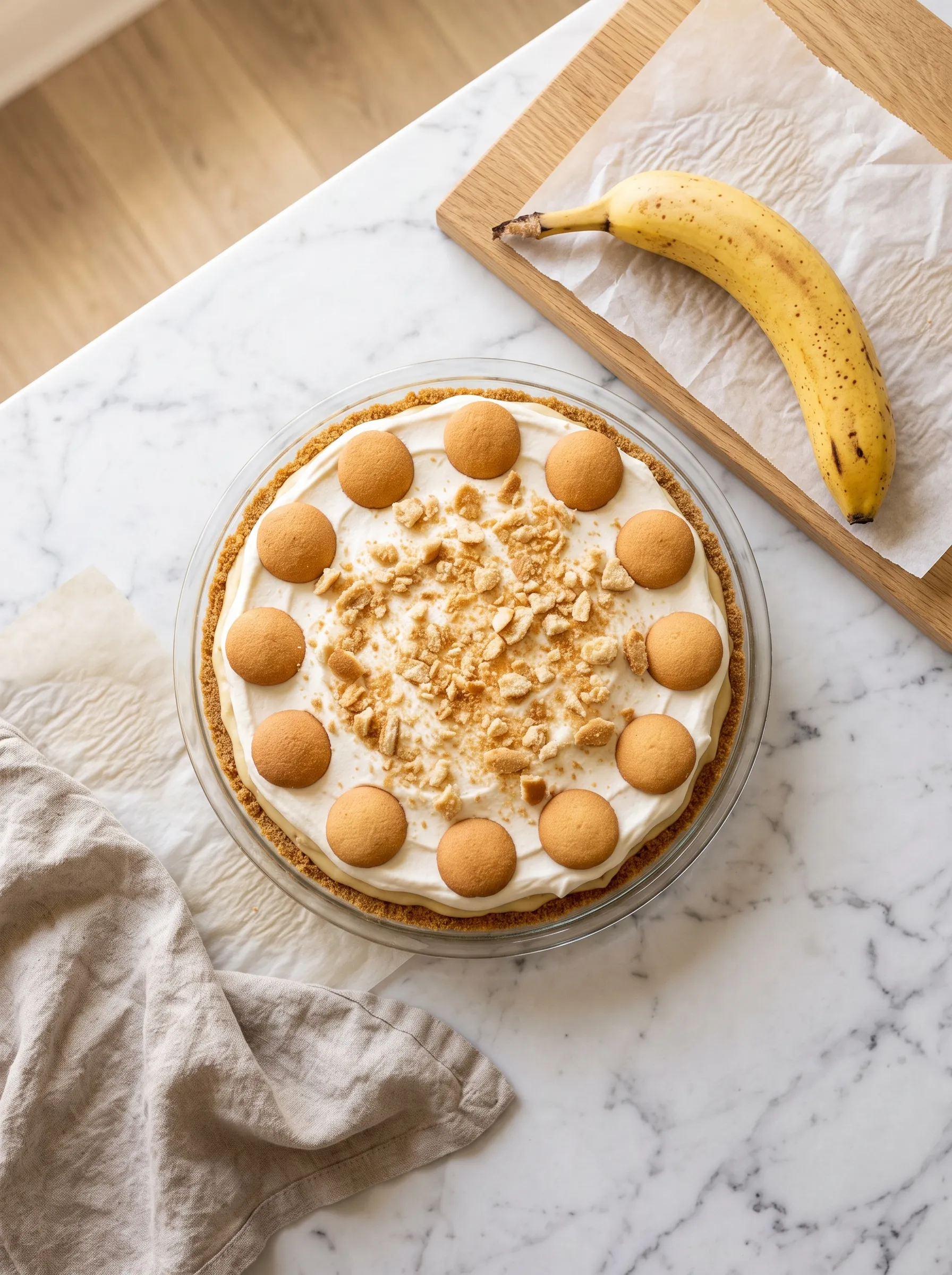 Overhead flat lay of no-bake banana pudding cheesecake on white marble showing Nilla wafer cookie decoration and ripe banana
