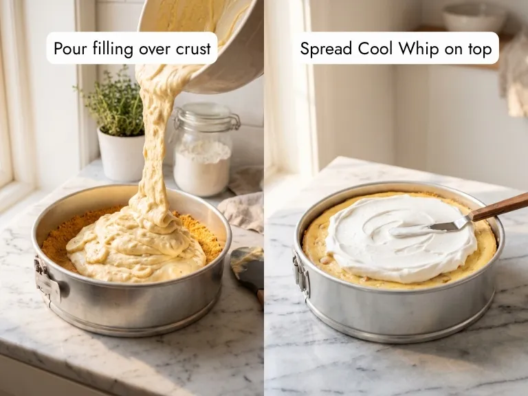 Assembling no-bake banana pudding cheesecake: pouring the filling over the frozen Nilla wafer crust and spreading Cool Whip topping smooth
