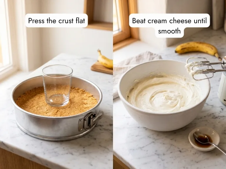 Two-step process photos for no-bake banana pudding cheesecake: pressing the Nilla wafer crust firmly into a springform pan and beating cream cheese until smooth