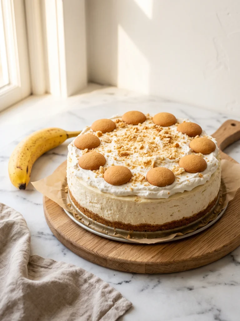 Whole no-bake banana pudding cheesecake on white marble with golden Nilla wafer crust and fluffy whipped cream topping