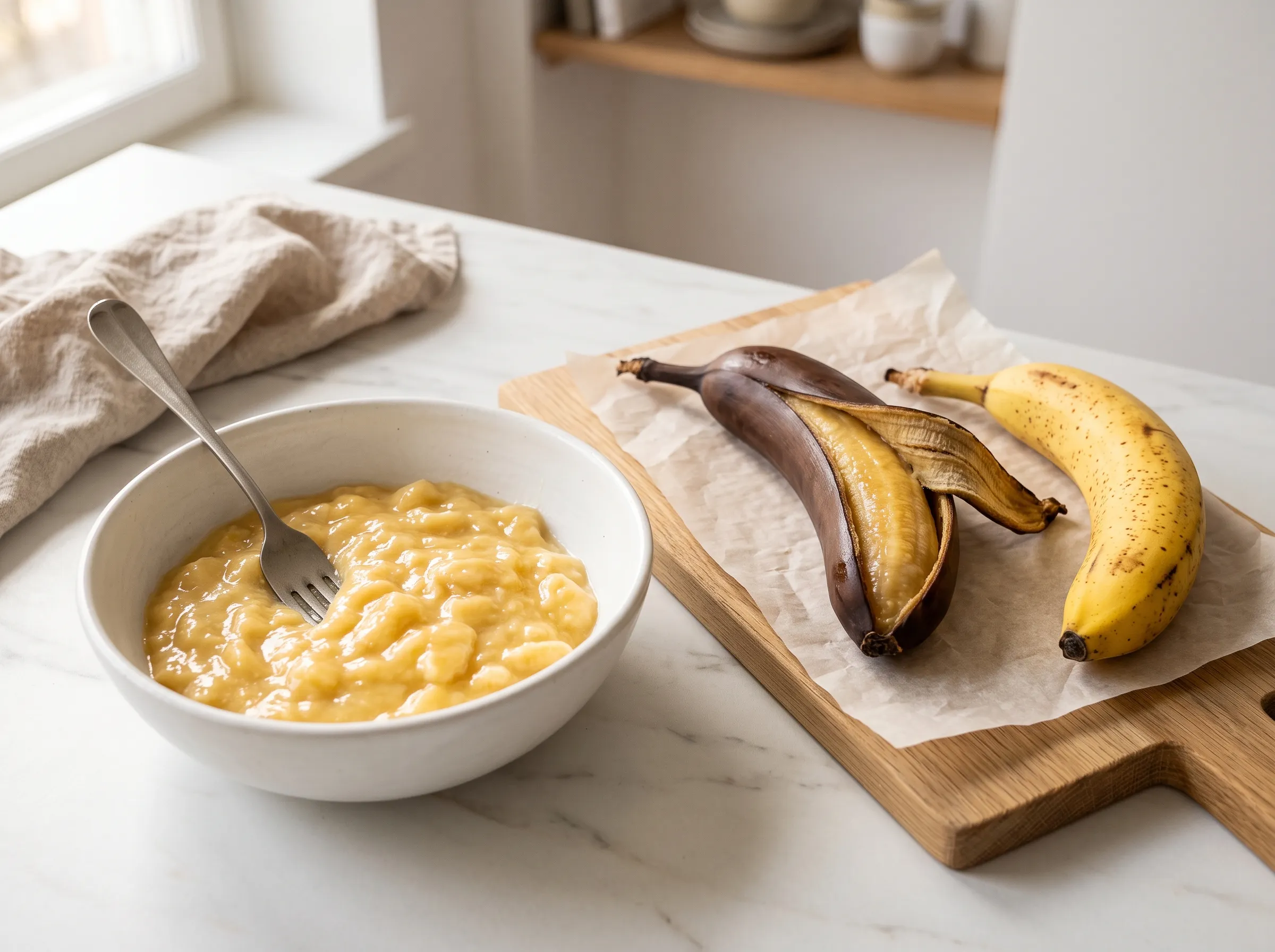 Creamy golden mashed banana in a white bowl beside a peeled oven-ripened banana, ready to ripen bananas for banana bread