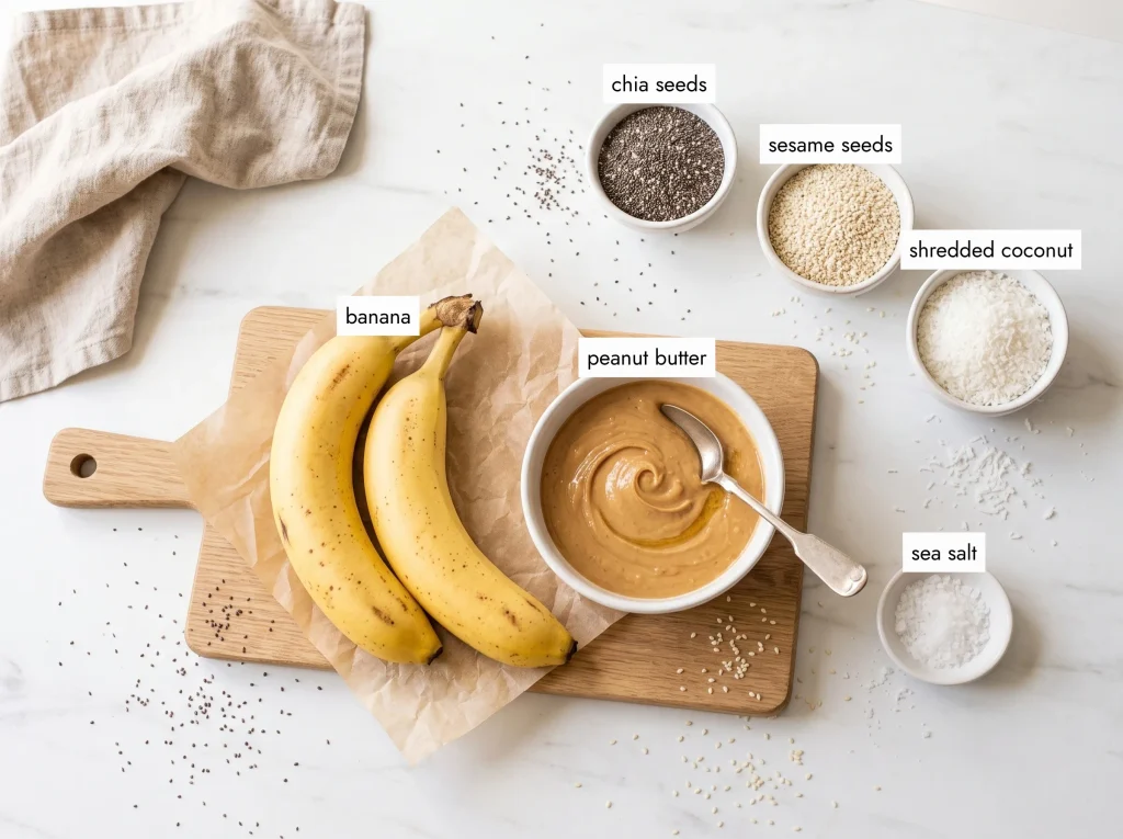 Peanut butter banana bites ingredients: two ripe bananas, creamy peanut butter, chia seeds, sesame seeds, coconut and salt