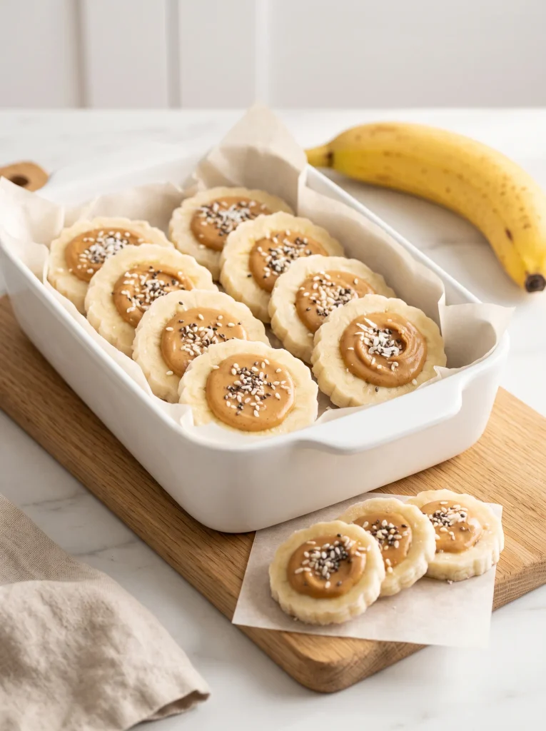 Peanut butter banana frozen bites stacked in a white ceramic dish with parchment between layers, ready for the freezer
