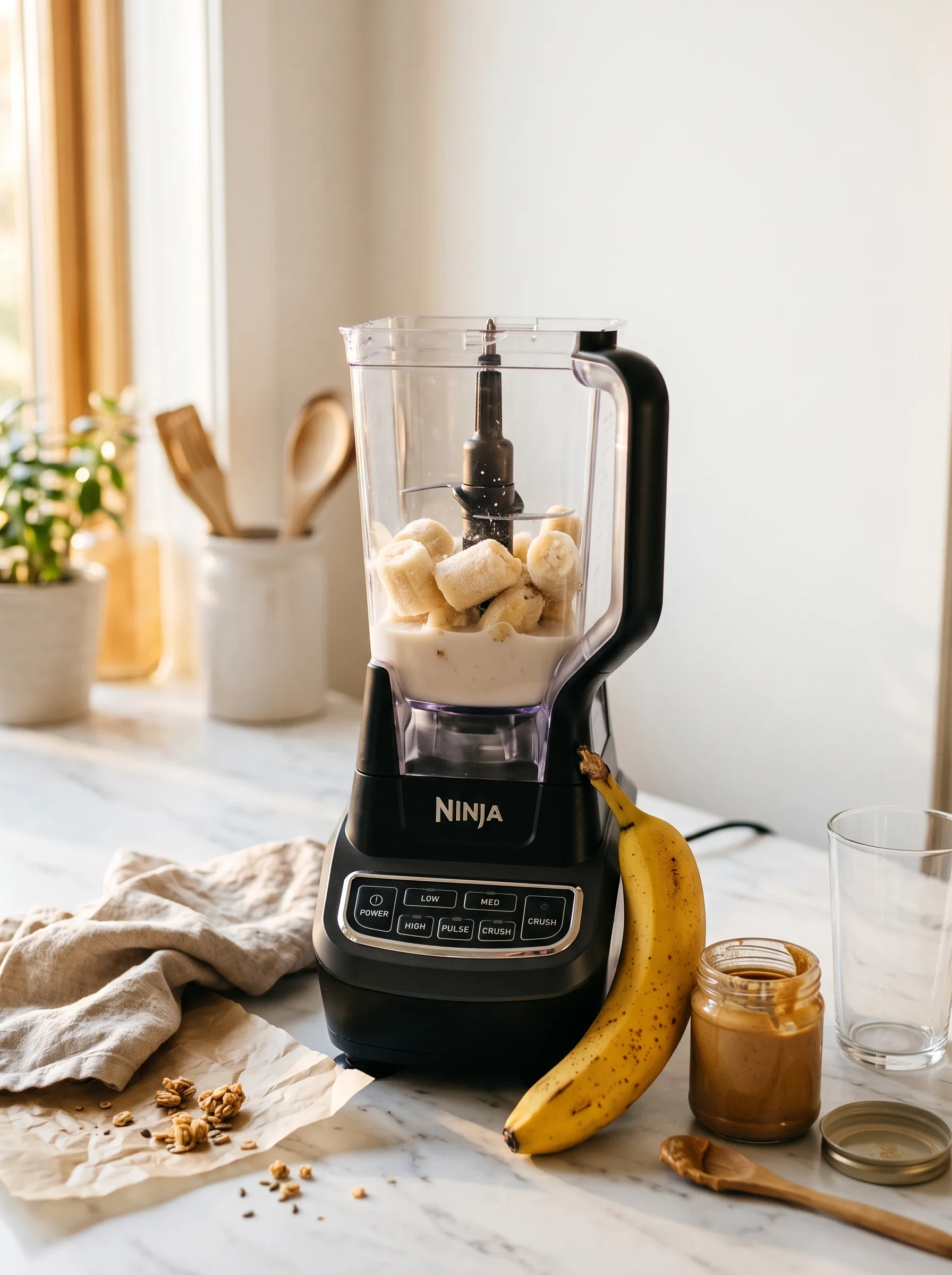 frozen banana chunks and almond milk loaded into Ninja blender for peanut butter banana smoothie recipe