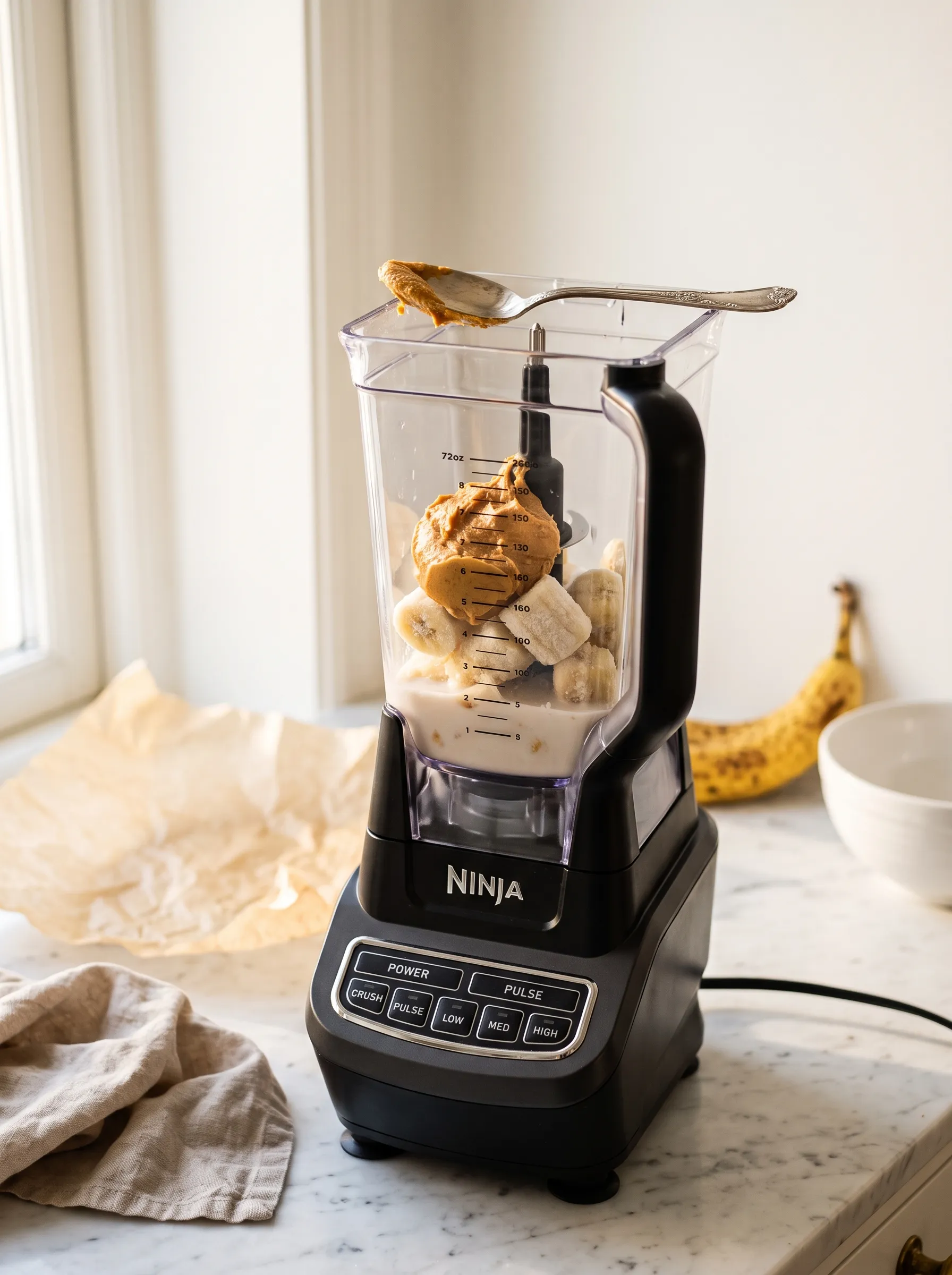 natural peanut butter added to Ninja blender with frozen banana for peanut butter banana smoothie