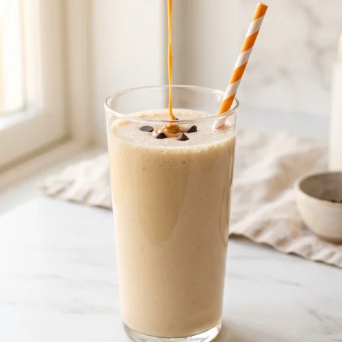 close-up of peanut butter banana smoothie in clear glass — smooth beige liquid with peanut butter drizzle and chocolate chips on top