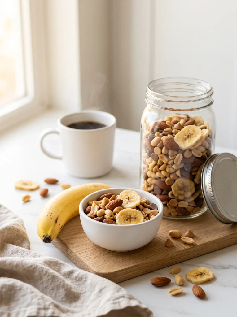 Peanut butter banana trail mix in a glass jar beside a small white bowl of the mix, a white coffee mug and a ripe banana