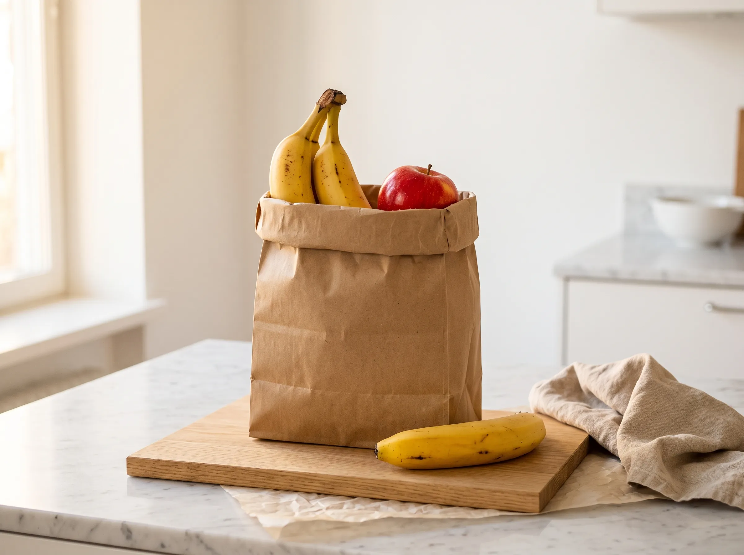 Golden bananas and a red apple in an open brown paper bag on marble, ready to ripen bananas overnight
