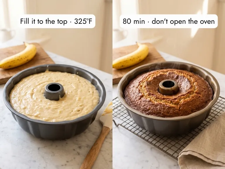 Thick banana pound cake batter filling greased bundt pan to the top, then same pan on wire rack just out of oven at 325°F, faint steam rising