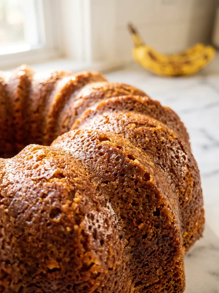 Southern banana pound cake with deep golden caramelized bundt crust on white marble counter, ripe banana in background
