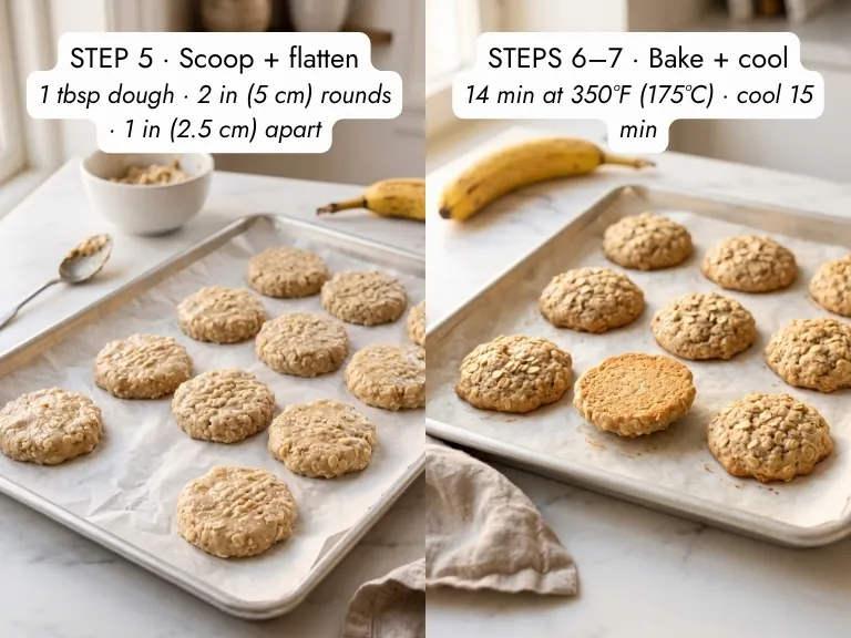 Toddler cookie recipe step by step: banana oat dough flattened into 10 rounds on parchment, then baked soft and lightly golden